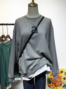 韩版简约字母A破洞拼接白色假两件宽松卫衣女毛圈棉春秋上衣潮ins