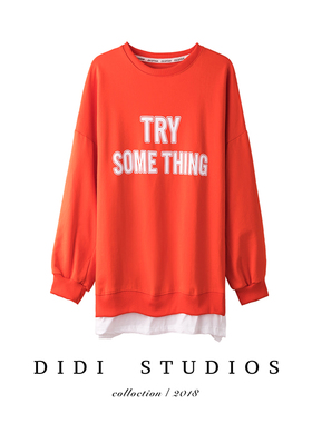 超好看假两件！拼接白色宽松套头卫衣女秋冬韩版字母圆领上衣