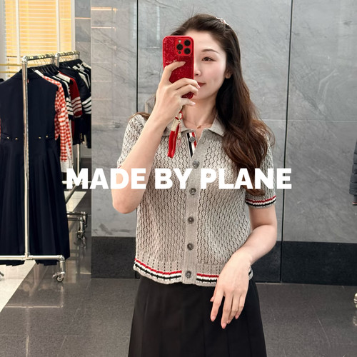 TBpolo绞花镂空短袖翻领开衫女款背后腊肠小狗休闲针织毛衣上衣