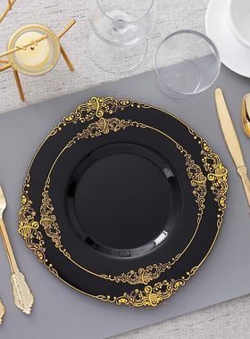175PCS一次性餐盘套装黑色圆盘镀金刀叉勺甜点蛋糕盘聚会派对餐具