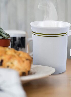 8OZ 230ML 一次性白色金边咖啡杯塑胶饮料杯银边带手柄果汁杯塑胶