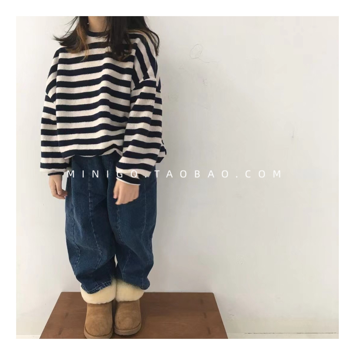 minigo韩国童装薄绒牛仔哈伦裤