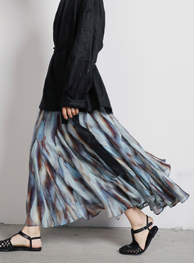 2025夏季新款复古扎染半身裙女中长款垂感高端印花a字裙及踝长裙