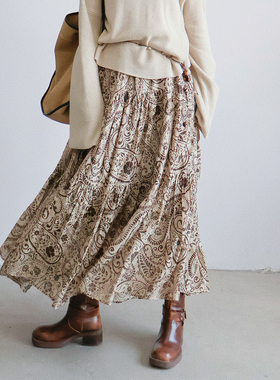 2025秋新品高腰显瘦杏色腰果花褶皱半裙女法式复古桑蚕丝A字长裙