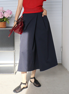 2025新款工装半身长裙女春夏松紧腰藏青显瘦A字版宽松褶皱超轻