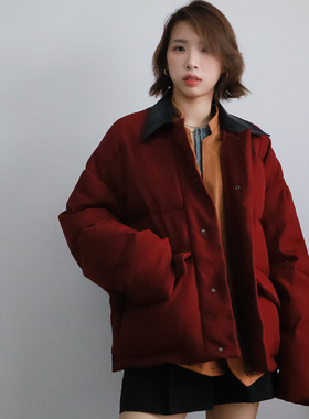 2025冬新拼色翻领羽绒服女节日红巴恩风中空纱上衣外套百搭白鸭绒