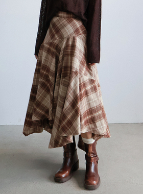 2025秋季新款设计感格纹垂感半身裙女气质羊毛高腰显瘦大摆裙长裙