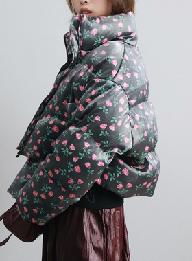 2025冬季新款时尚洋气碎花羽绒服外套女胖mm黑色白鸭绒短外套保暖