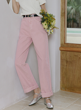 ZJ2023春韩版枫樱花粉色纯棉水洗牛仔牛仔裤女士高腰显瘦直筒长裤