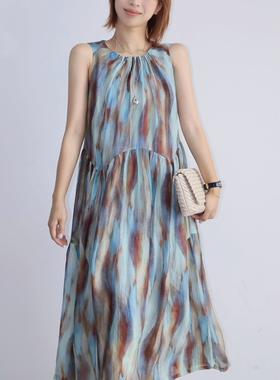2025新款法式蓝色扎染压皱圆领挂脖连衣裙女小众度假背心裙打底裙