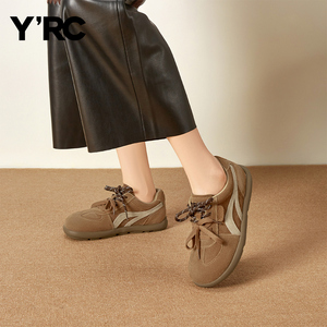 YRC复古德训鞋女2026春新款磨砂咖色平底舒适真皮休闲鞋