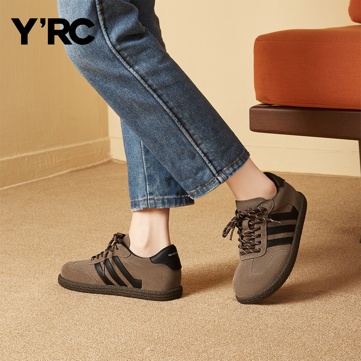 YRC复古德训鞋女2025秋新款三条杠拼色休闲板鞋百搭舒适运动鞋