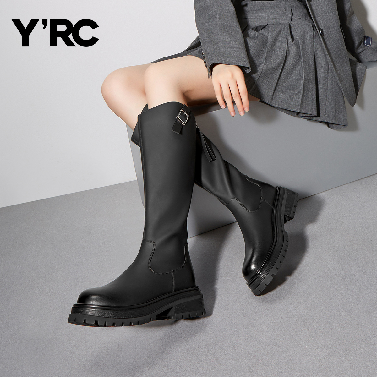 YRC女长筒靴黑色2025冬季新款厚底高跟骑士靴显瘦小个子长靴女