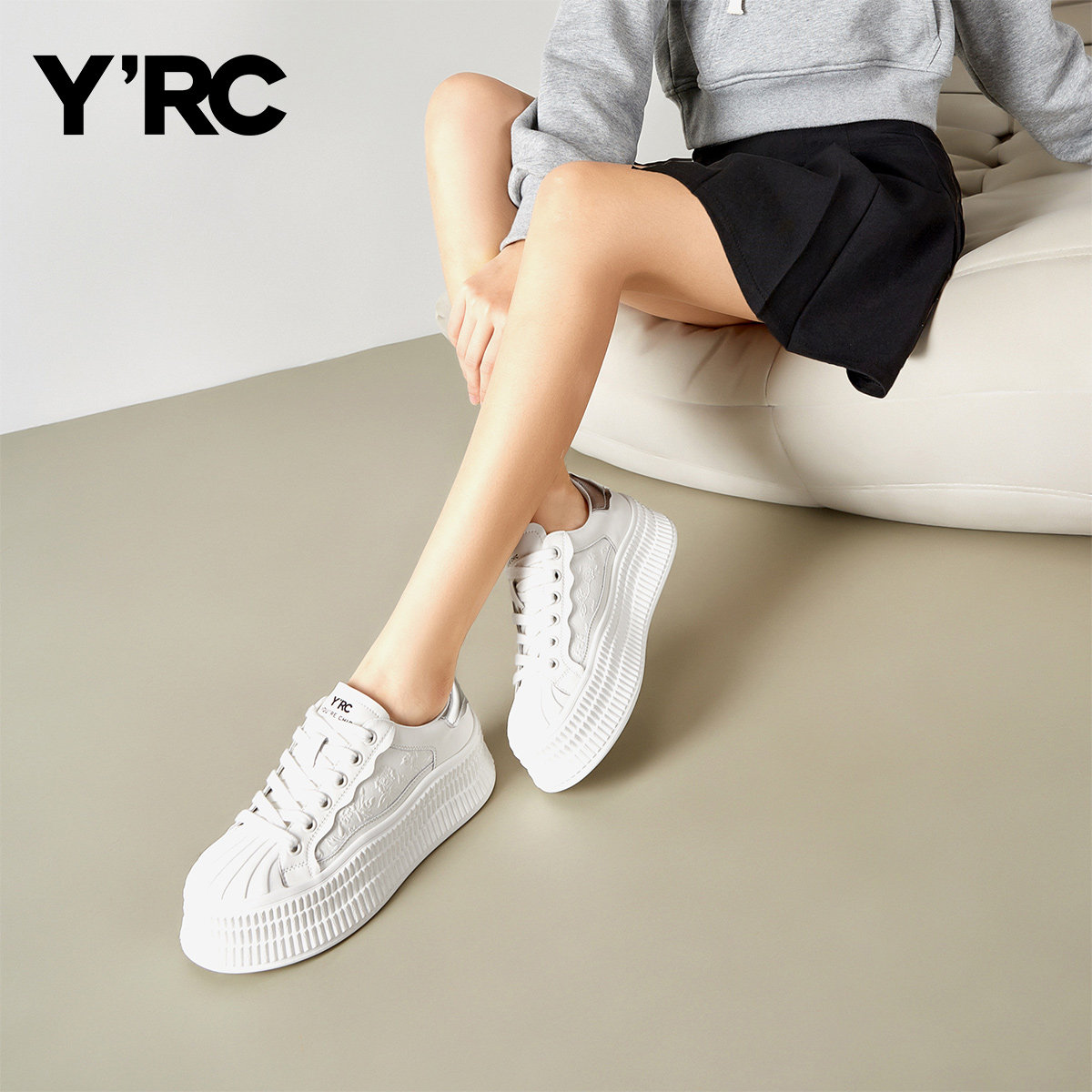 YRC极简小白鞋女2026春新款厚底系带休闲板鞋百搭显高运动鞋