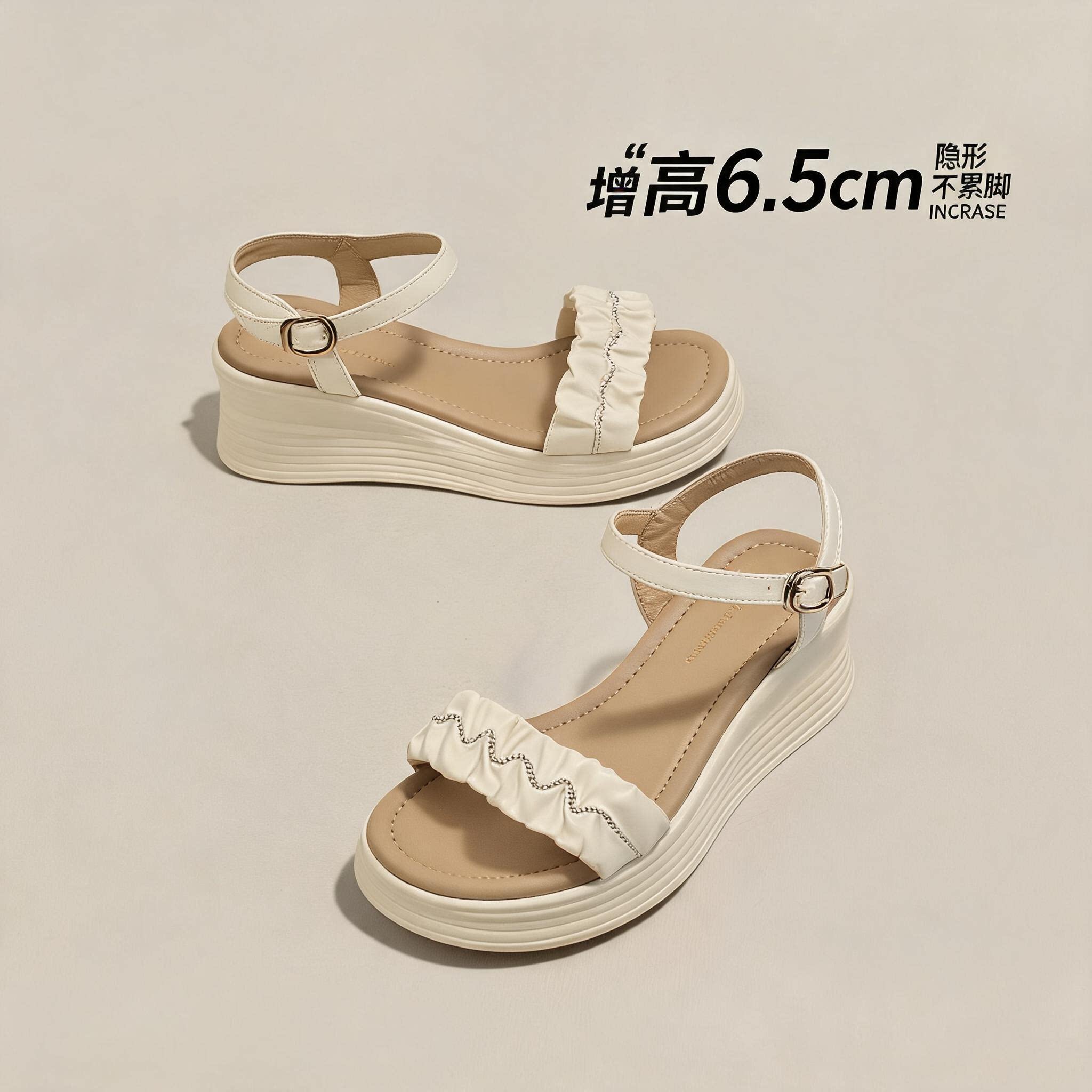 YRC韩版坡跟凉鞋女2026新款夏季一字带松糕底增高仙女风凉鞋