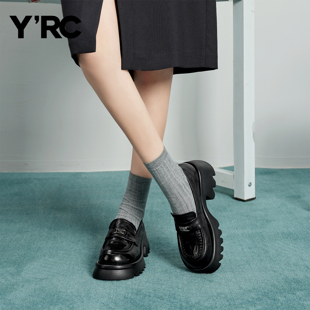 YRC复古厚底乐福鞋女2025新款黑色金属扣增高百搭小皮鞋单鞋