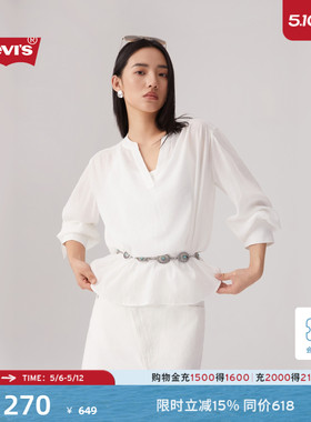 【商场同款】Levi's李维斯女士休闲荷叶边V领白色长袖T恤003HP