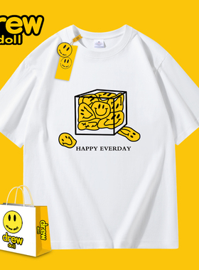 Drew联名正品美式男士女士纯棉短袖t恤潮牌卡通笑脸情侣休闲上衣