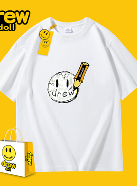 drew doll2025年新款笑脸潮牌卡通印花男女情侣圆领短袖潮牌T恤男