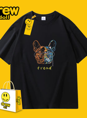 drew doll2024新款笑脸卡通印花情侣短袖潮牌圆领纯棉男女同款t恤