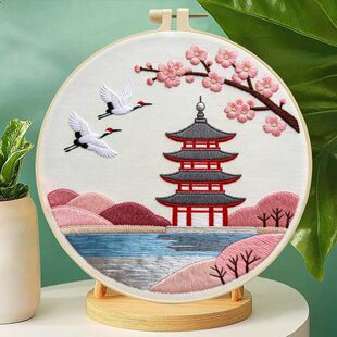 源头工厂现货古塔樱花刺绣材料包跨境专供手工套件装饰挂画批发