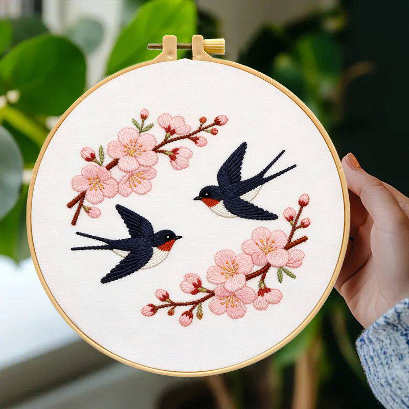 燕子桃花刺绣材料包 跨境北欧 ins客厅装饰手工DIY 挂画 厂家批发