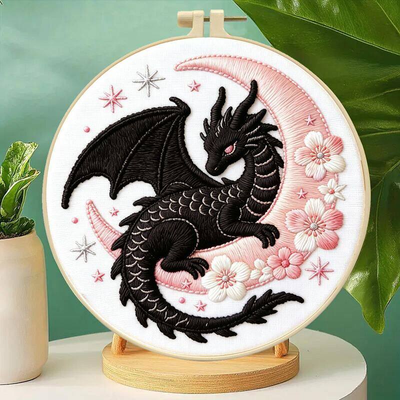 新款黑龙与粉月刺绣半成品 新手手工diy材料包客厅挂画厂家批发
