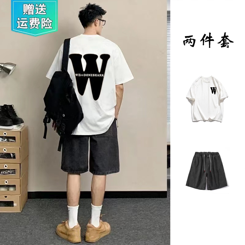 男士夏季套装高质量纯棉t恤印花体恤上衣宽松半袖牛仔短裤两件套