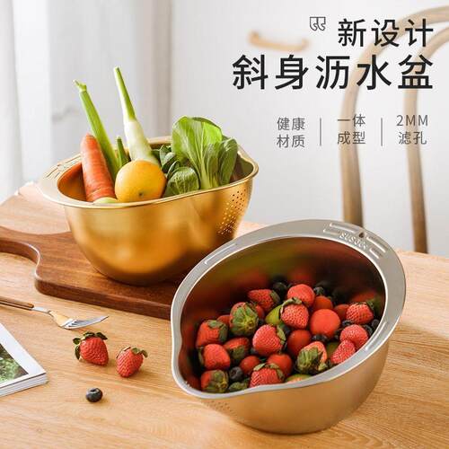日本品牌日本加厚304不锈钢淘米神器家用厨房洗水果双层洗菜沥水