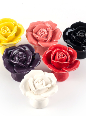 现代简约手工玫瑰花陶瓷拉手 紫色粉红色白色黄色单孔家具门把手