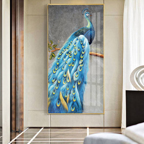 装饰画中式玄关现代简约走廊艺术墙壁挂画过道孔雀竖版抽象晶瓷画