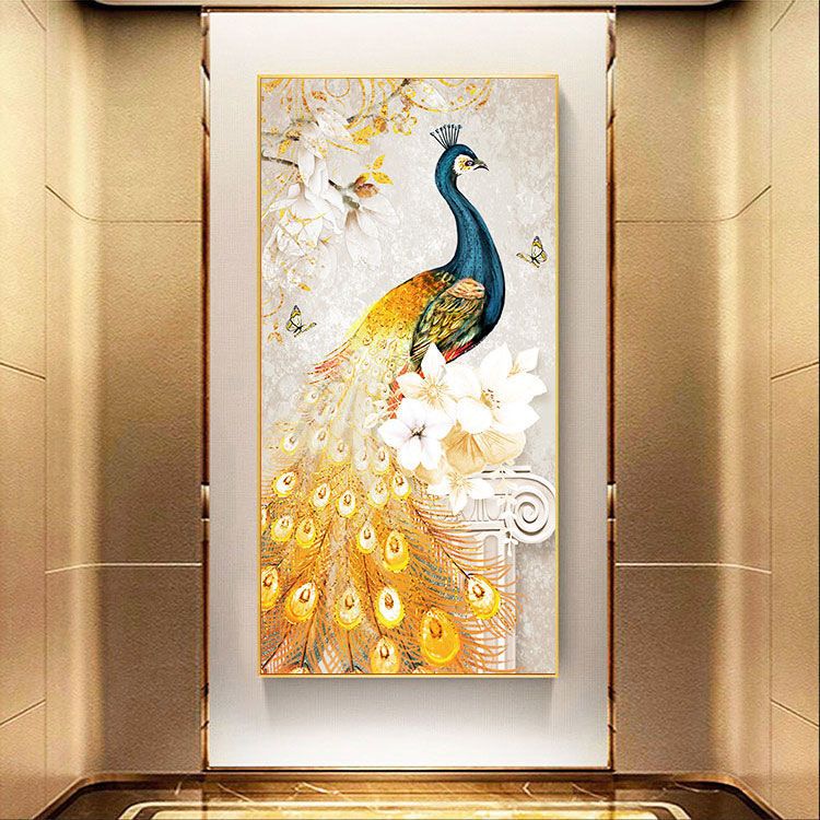晶瓷画入户玄关竖版客厅装饰画花开富贵孔雀挂画走廊过道中式现代图片