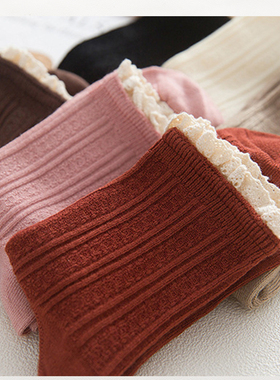 3双秋冬中筒女袜 竹纤维防臭袜日系学院女生复古纯色花边堆堆袜子