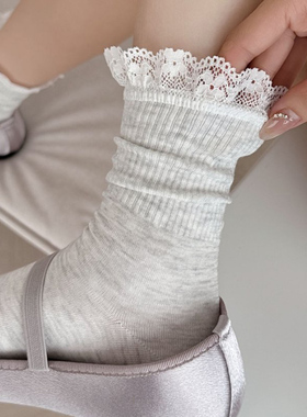 蕾丝小花边中筒袜子女秋冬纯棉透气无骨袜韩版ins小清新女生堆堆