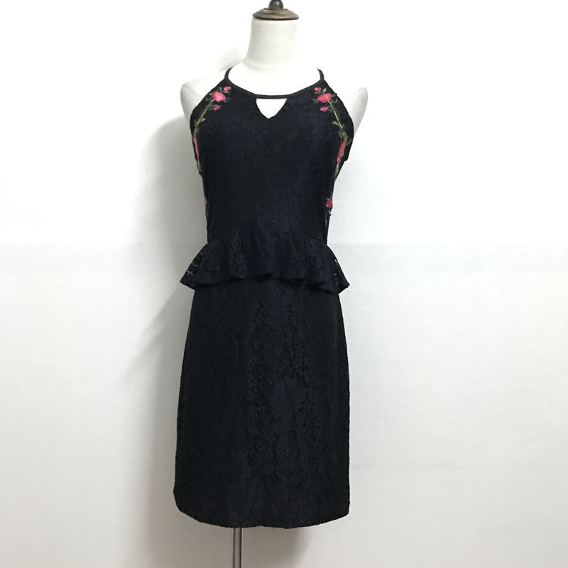欧美单夏装蕾丝透视修身吊带绣花荷叶边女装连衣裙