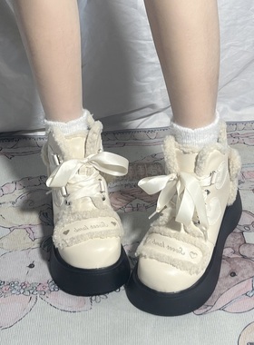 现货绵羊羔羔lolita鞋加绒马丁靴可爱保暖lo鞋冬厚底棉鞋lo雪地靴
