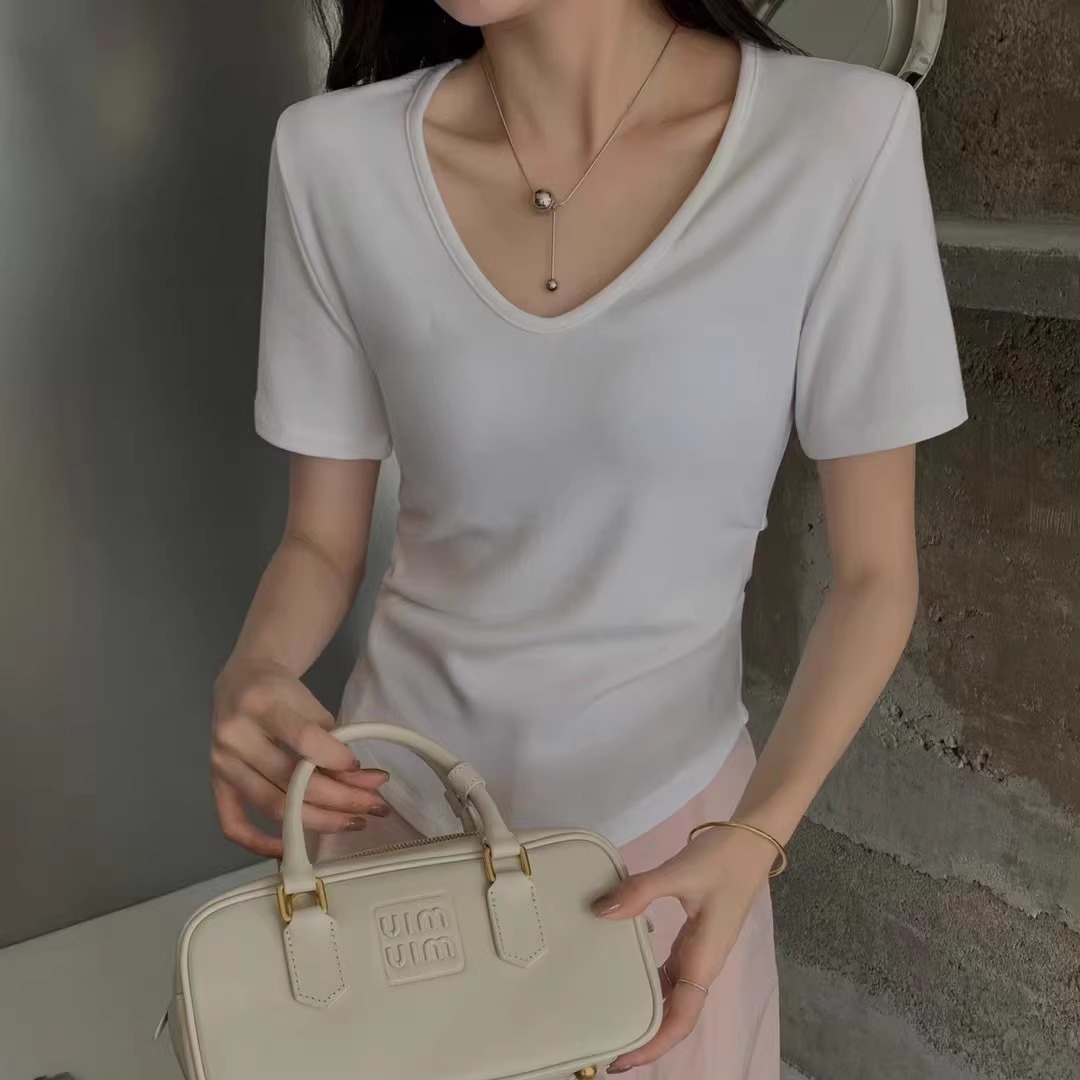 短袖韩版中厚V领露锁骨棉女