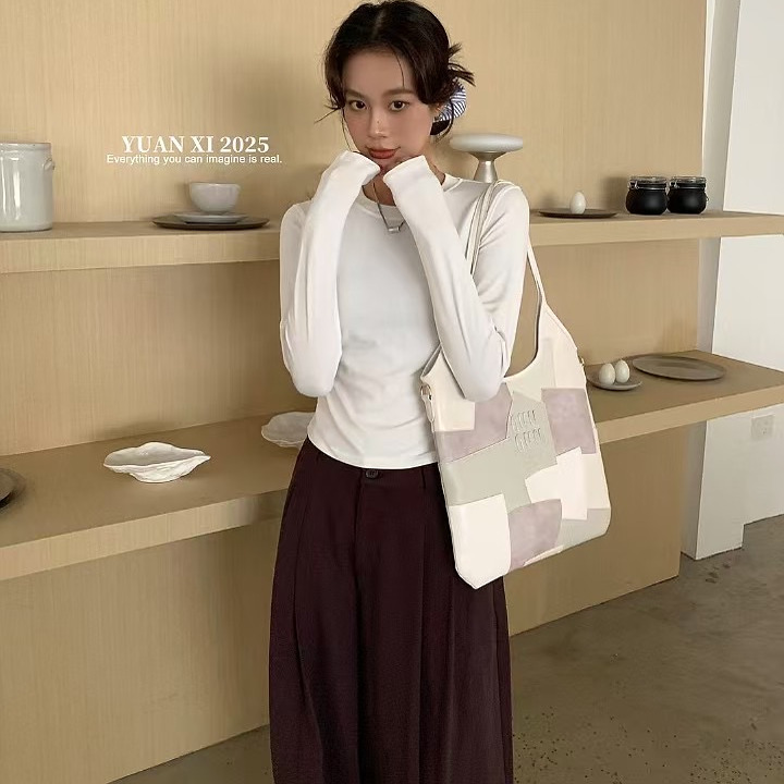 yuanxi元熙春简约舒适休闲百搭长袖T恤女修身显瘦圆领打底衫上衣