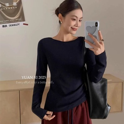 设计感平肩一字领长袖打底衫7145