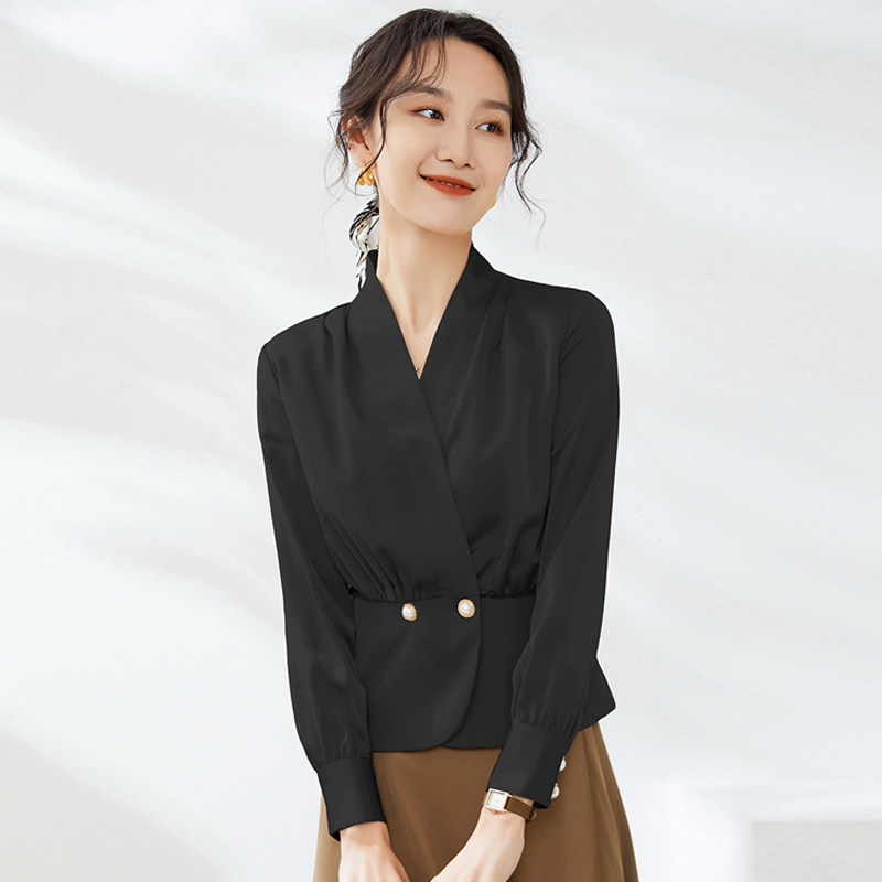 高端v领长袖雪纺衬衫女大码女装2026年新款胖mm遮肚初春上衣藏肉