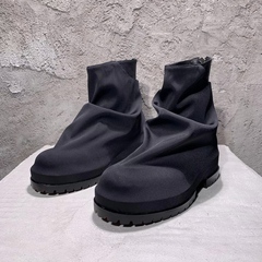 黑色尼龙布短靴男424后拉链褶皱短筒靴弹力工装靴厚底增高靴耐脏