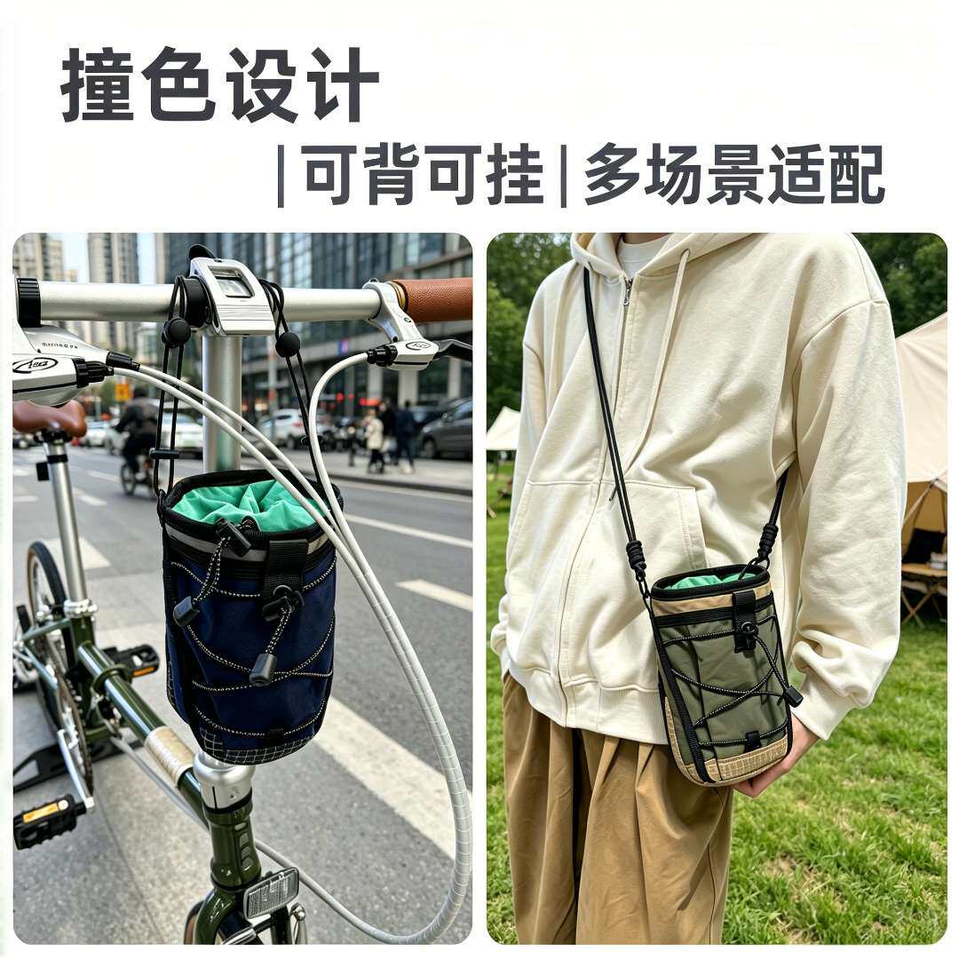撞色机能风抽绳束口小挎包轻便斜挎户外自行车头包便携潮流迷你包