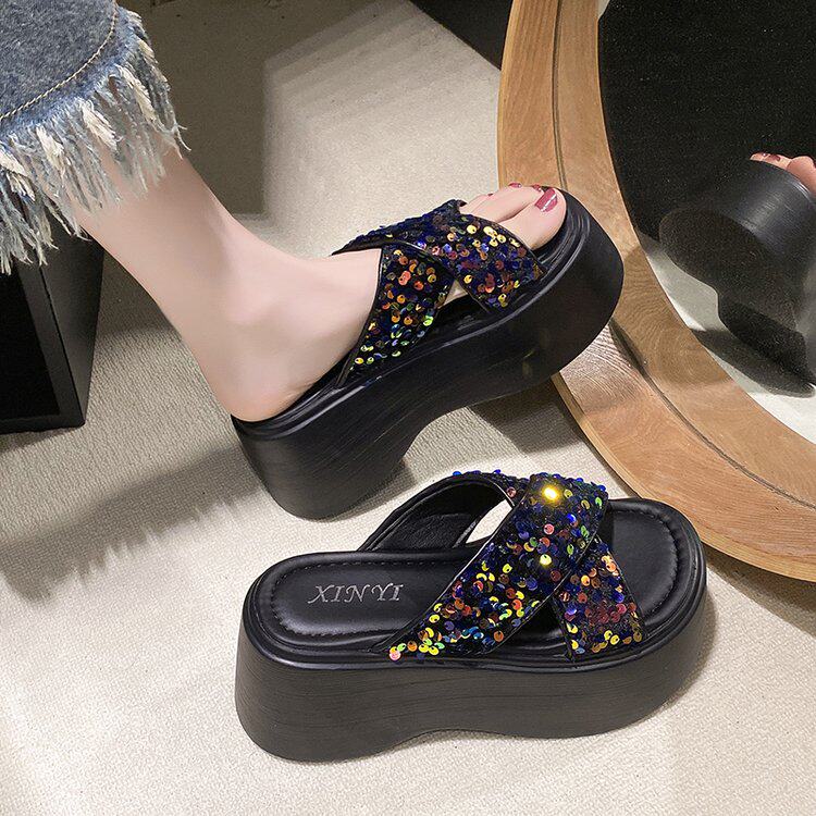欧洲站2025夏季新款亮片交叉厚底拖鞋女外穿一字拖欧货女士凉拖潮