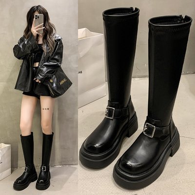 厚底靴子女不过膝长筒靴2025新款秋冬复古皮带扣小个子高筒骑士靴