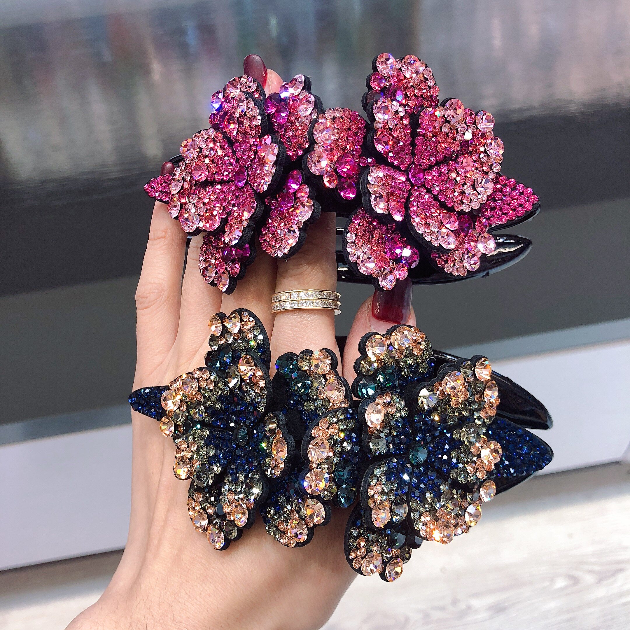 时尚水钻镶钻鸭嘴三齿发夹优雅盘头发夹子花朵发饰发卡子三齿夹