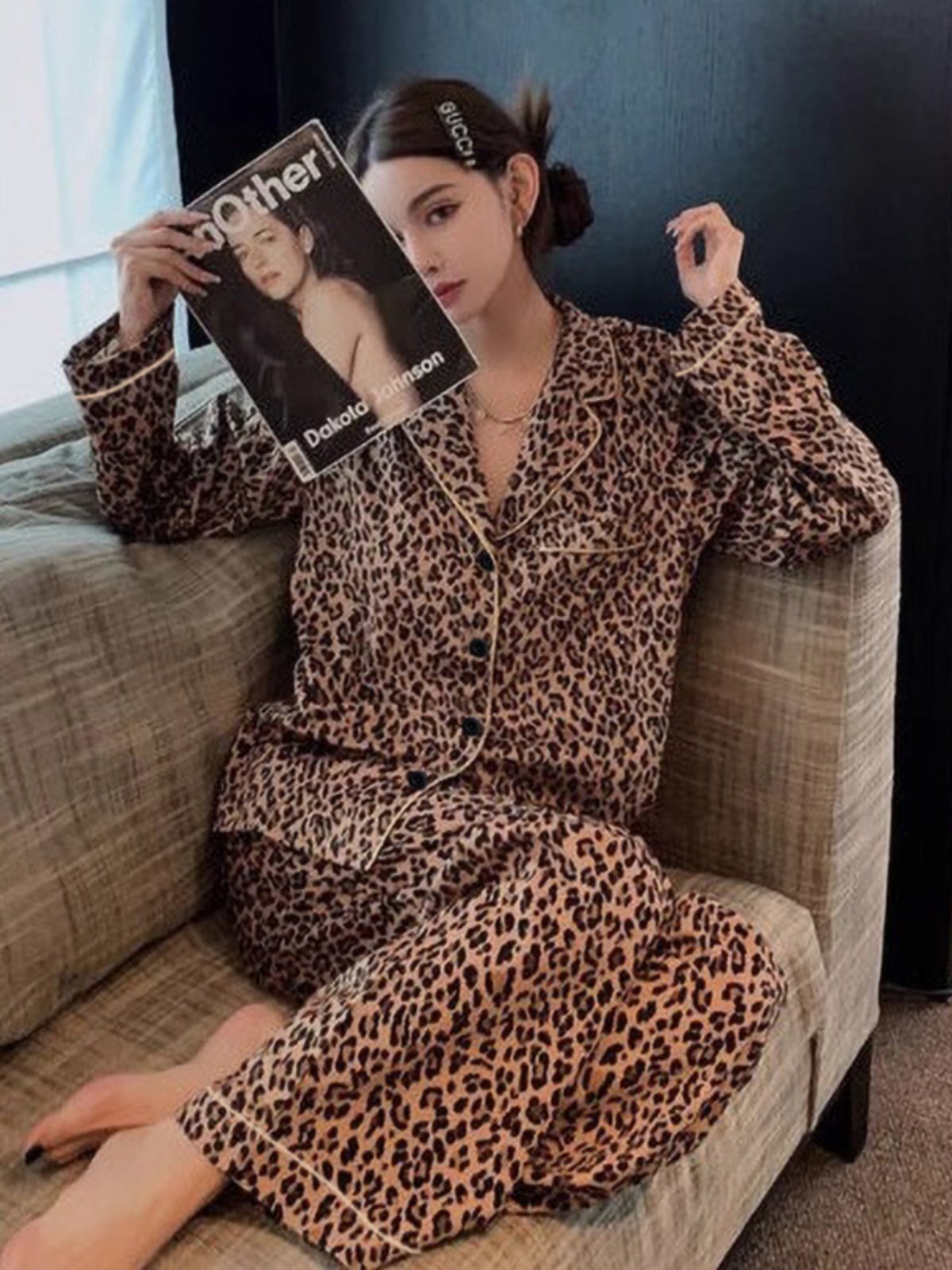 PAJAMAS WOMENS SPRING AND AUTUMN STYLE 2024 NEW LONG SLEEVE COTTON PLUS SIZE SUMMER LEOPARD PRINT AUTUMN WINTER LOUNGEWEAR SET