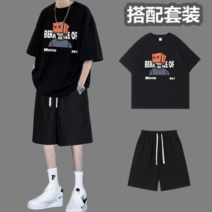 夏季纯棉短袖短裤套装男生潮牌一套搭配青少年帅气休闲两件套港风