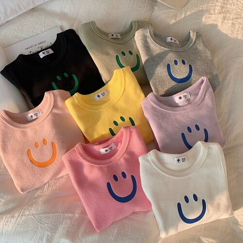 女童长袖t恤笑脸磨毛打底衫儿童