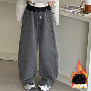 女童冬装糯米裤2025新款加绒加厚阔腿裤女孩大童初中生弯刀裤子