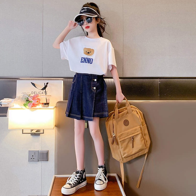 女大童夏季裙裤套装2023新款短袖T恤牛仔裙两件套中大童女孩夏装